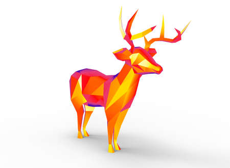 deer character. cartoon low poly 3D illustration of animal. red gamma triangles and polygons on white background isolated with shadow.の写真素材
