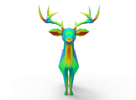 deer character. cartoon low poly 3D illustration of animal. rainbow gamma triangles and polygons on white background isolated with shadow.の写真素材