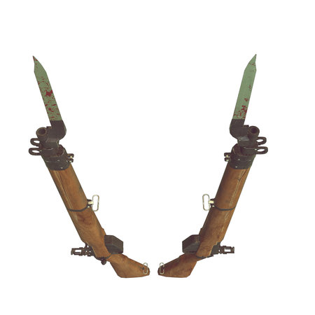 old rifles 3D illustration. cross weapons. icon guns. cracked wood barrel. bayonet knife with blood....