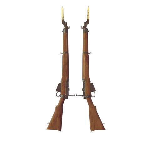 old rifles 3D illustration. cross weapons. icon guns. cracked wood barrel. bayonet knife with blood. white background. isolated objects. crossed weapons. game icon. wood an metal. parts of weaponの写真素材