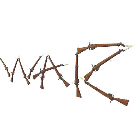 war title from the old rifles, many rusted rifles, letters and words from guns, weapons titles, worth considering, 3D illustration on white background. isolated objects.の写真素材