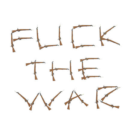 fuck the war title from the old rifles, many rusted rifles, letters and words from guns, weapons titles, worth considering, 3D illustration on white background. isolated objects.の写真素材