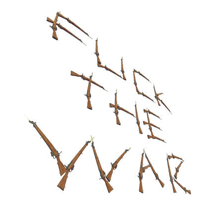 fuck the war title from the old rifles, many rusted rifles, letters and words from guns, weapons titles, worth considering, 3D illustration on white background. isolated objects.の写真素材