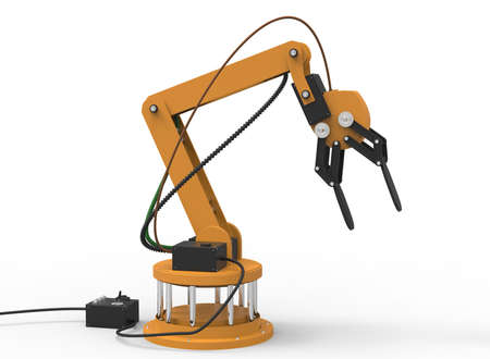 3d illustration of robotic arm. white background isolated. rube and steel. icon for game web. mechanism robot. bomb disarmament and disposal. automotive assembly linesの写真素材