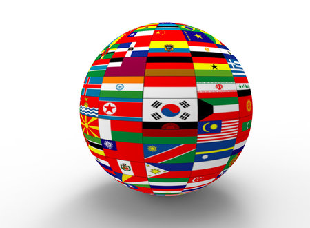 3d illustration of earth globe with flags. white background isolated. icon for game web.の写真素材