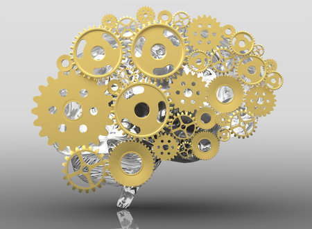 Human brain build out of cogs and gears. 3d illustration with shadow.