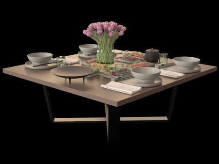 3d illustration of served table with sushi. black background isolated. icon for game web.