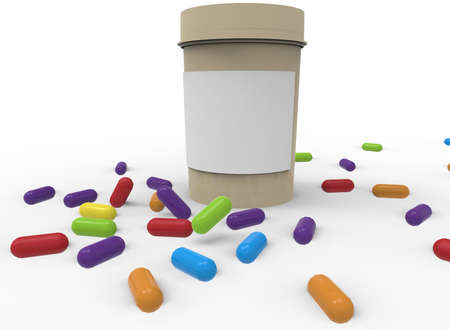 3d illustration of pills bottle with pills. white background isolated. icon for game web.の写真素材