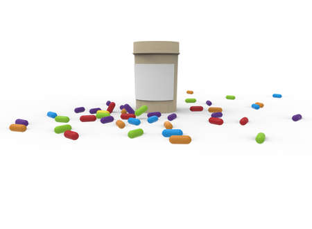 3d illustration of pills bottle with pills. white background isolated. icon for game web.の写真素材