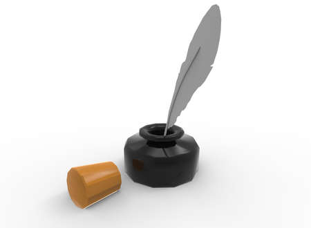 3d illustration of ink with feather. white background isolated. icon for game web.の写真素材