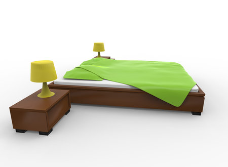 3d illustration of bed with nightstands. white background isolated. icon for game web.の写真素材