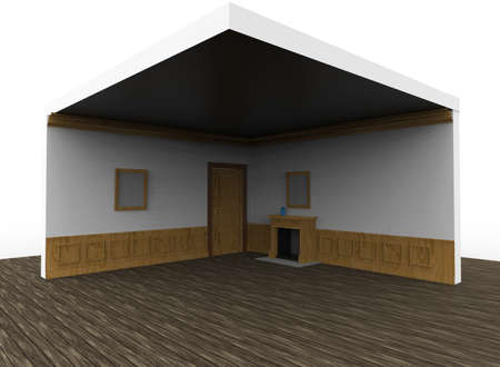 3d illustration of empty room with fireplace. white background isolated. icon for game webの写真素材