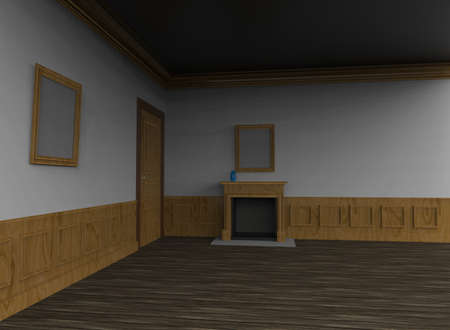 3d illustration of empty room with fireplace. white background isolated. icon for game webの写真素材