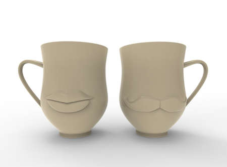 3d illustration of cups with lips and mustache. white background isolated. icon for game web.の写真素材