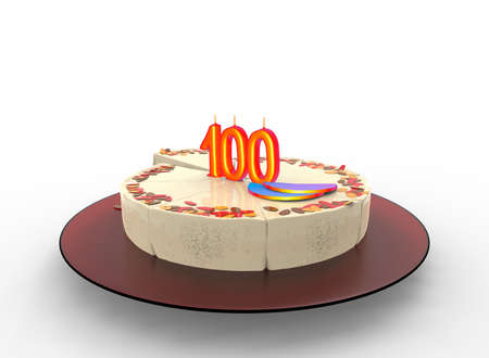 3d illustration of cake with 100 on top. white background isolated. icon for game web.の写真素材