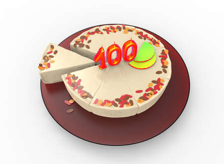 3d illustration of cake with 100 on top. white background isolated. icon for game web.の写真素材