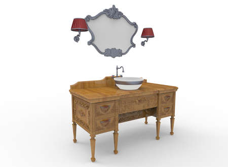 3d illustration of mirror with table and sink. white background isolated. icon for game web.の写真素材