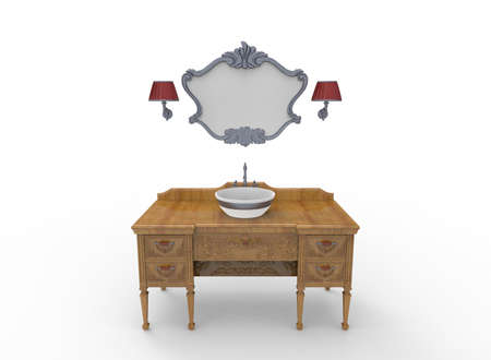 3d illustration of mirror with table and sink. white background isolated. icon for game web.の写真素材