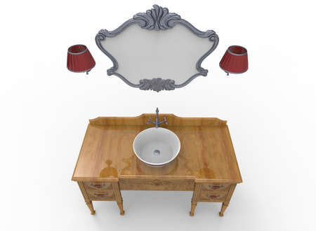 3d illustration of mirror with table and sink. white background isolated. icon for game web.の写真素材