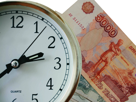 Russian currency at 5,000 rubles on a white background with a clockの写真素材