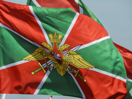 Russia. Samara. May 28, 2016. Flags of Russian border guards on paradeのeditorial素材