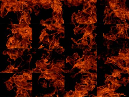 A collection of high-resolution bright fire flames on a black backgroundの写真素材