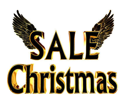 Gold text Christmas sale with wings on a white backgroundの写真素材