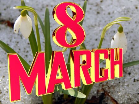 Golden Text March 8 background spring snowdropsの写真素材
