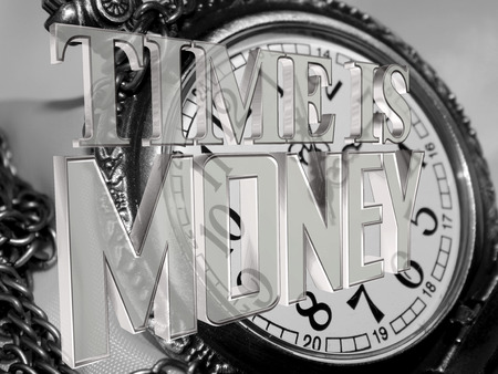 Silver time is money text on a background of old clockの写真素材