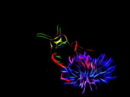 Image of a wild wasp on the flowers of a meadow burdock in neon lightの写真素材