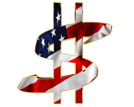 Golden dollar symbol with a flag of the country on a white background