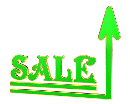 Gold text sale with an arrow upwards on a white backgroundの写真素材