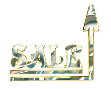 Gold text sale with an arrow upwards on a white backgroundの写真素材
