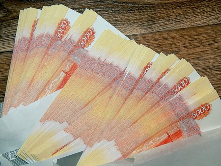 Russian money with a face value of 5000 rubles close-upの写真素材