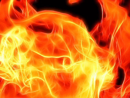 A bright fiery flame on a black background in neon light
