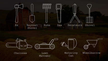 Garden tools set icon illustration on black background.のイラスト素材