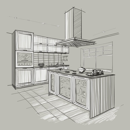 Interior sketch of modern kitchen with island.のイラスト素材