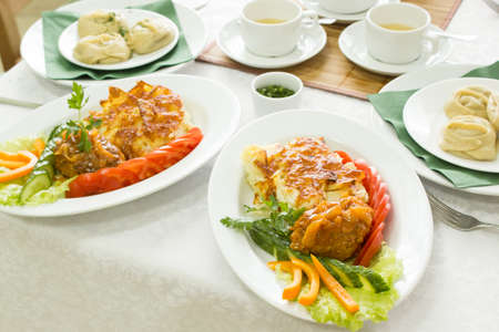 Table with food for home entertainment.の写真素材