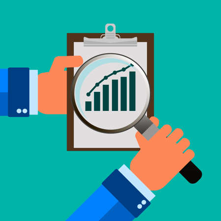 Flat design style modern vector illustration concept of businessman hands holding magnifier and analyzing flowchart with data information on a white paper. Isolated on stylish color backgroundのイラスト素材
