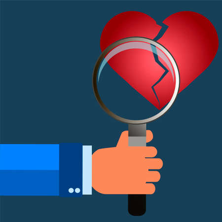 Broken heart icon, symbol, vector illustration. magnifying glass in handのイラスト素材