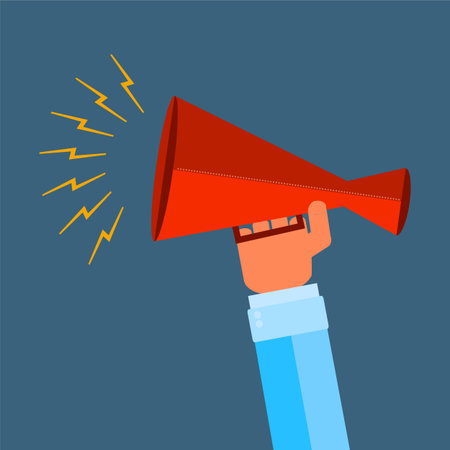 Human hand with a bullhorn. hand holding megaphone loudspeaker icon.のイラスト素材