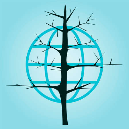 tree without leaves on a background of the globe. Stylized tree on the planet Earth - the concept of ecologyのイラスト素材