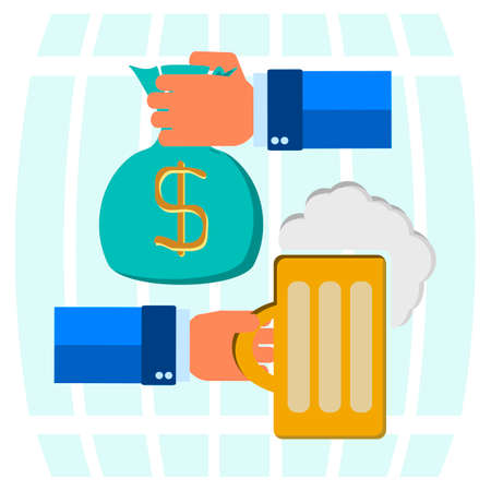 money bag for beer, mug of beer with foam head in his hand on a background of beer barrelsのイラスト素材