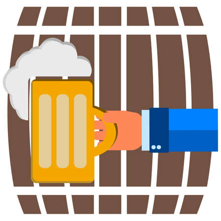mug of beer with foam head in his hand on a background of beer barrelsのイラスト素材