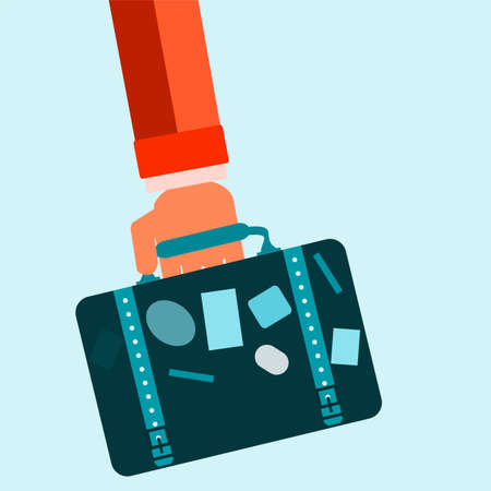 Briefcase with stickers in hand. Traveller flat illustration.のイラスト素材