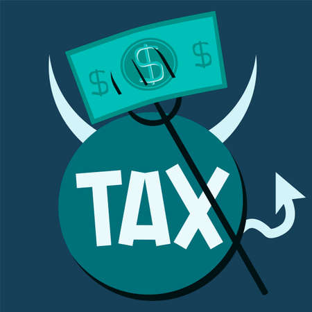 debt ball and chain. Businessman with debt burden. tax ball devil, fork with moneyのイラスト素材