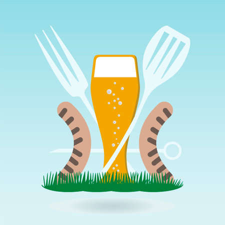 Barbecue beer. Grilled sausages on forks on the background of the natural landscape, grass conceptのイラスト素材