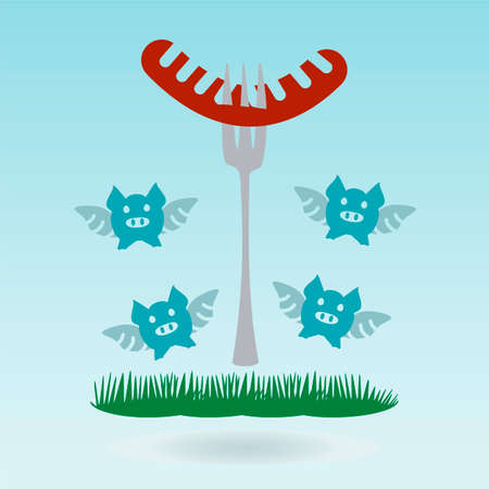 Barbecue. Grilled sausages on forks on the background of the natural landscape, fly pigs. Grass concept.のイラスト素材