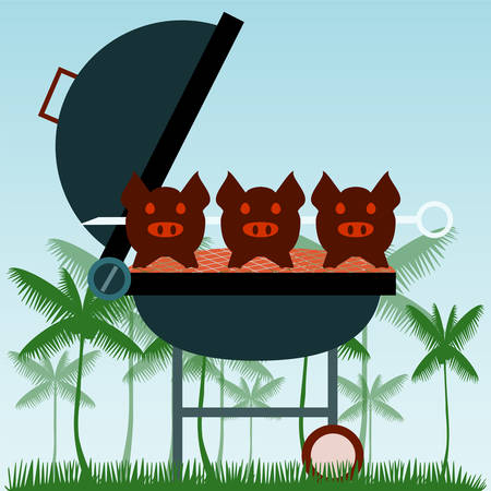 Barbecue. Grilled pigs on forks on the background of the natural landscape. Grass concept.のイラスト素材