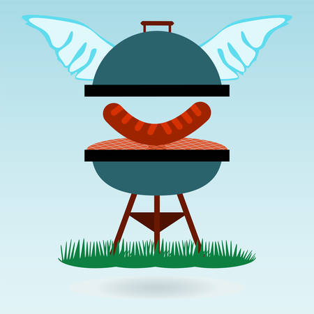 Barbecue wings. Grilled sausages on the background of the natural landscape, grass conceptのイラスト素材